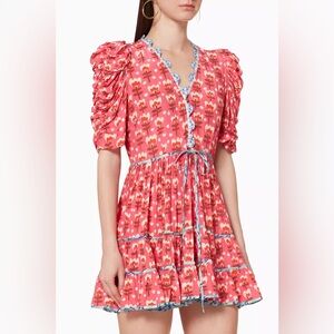CeliaB Red Floral Tiered Wrap Mini Dress with Pink & Navy Trim